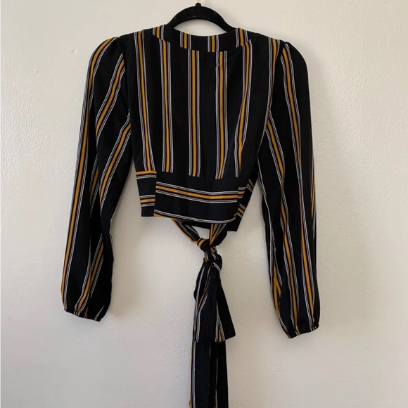 Long Sleeve Cropped Tie Up Blouse with Deep-V - Picture 1 of 3